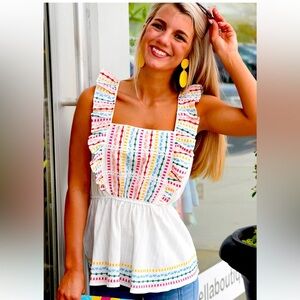 SAVANNA JANE Embroidered Sleeveless Ruffle Top
